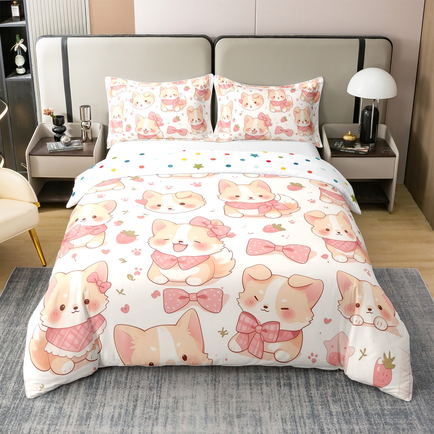 Kawaii Corgi 100% Cotton Duvet Cover Twin Size,Cute Dogs Puppy Comforter Cover For Bedroom,Cartoon Bow Knot Printed Teens Soft Bedding Set,Pink White Pet Animals Quilt Cover(No Comforter)